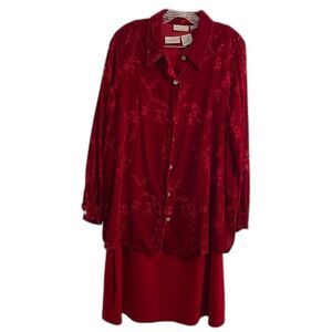 Vintage 90's XL 3 Pc Skirt Shirt Tank Burnout Red Velvet Set Y2K Retro Boho b2